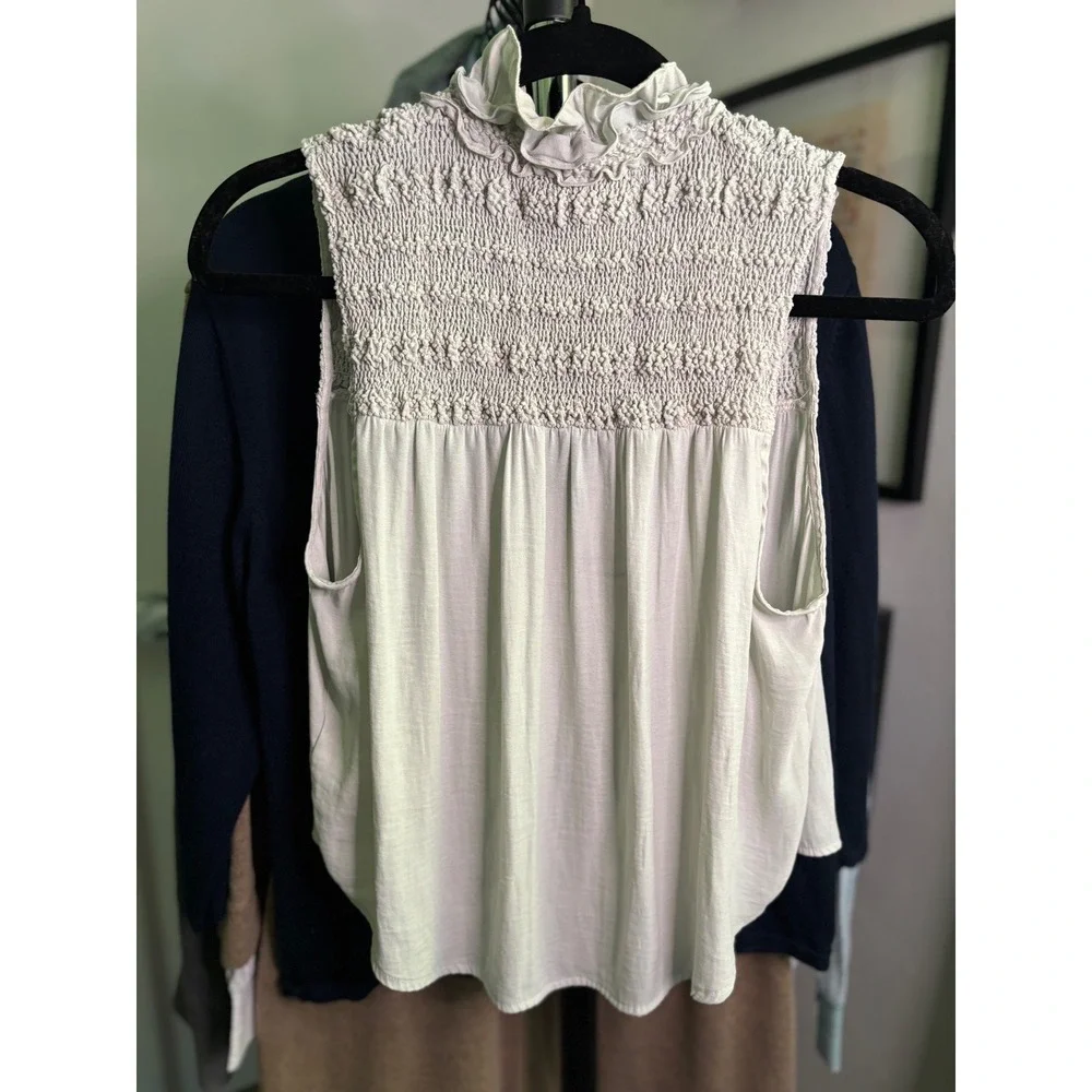 Free People Womens Smocked Ruffle Neck Sleeveless Blouse Mint Green XS
